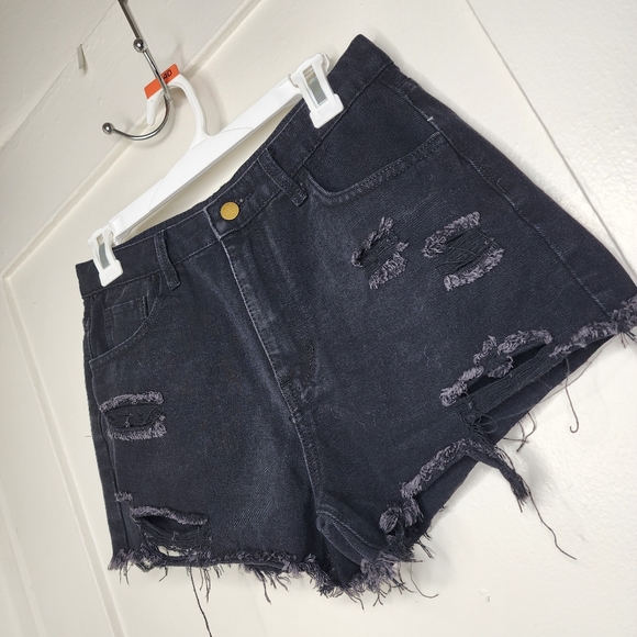 SHEIN High Waist Ripped Raw Trim Denim Shorts - Picture 4 of 11